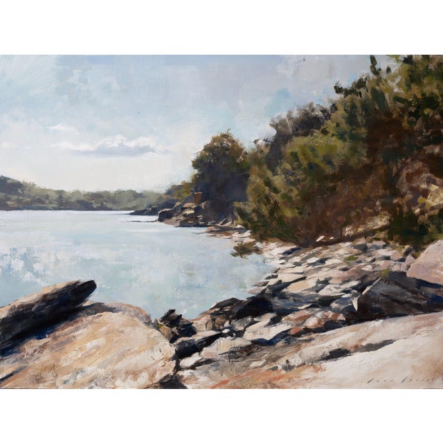 "The Light that Falls" is an oil on panel painting by Jon Doran, completed in 2026. A quiet inlet on the Cornish coast...