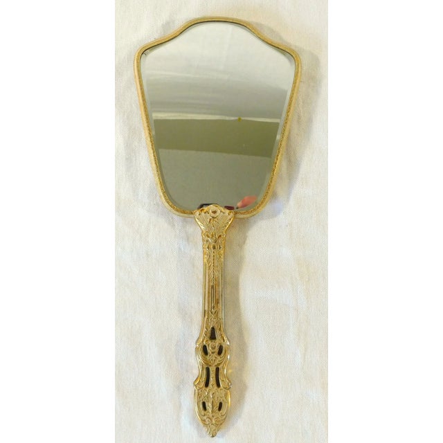 Victorian Vintage Victorian Gold Metallic Rose Floral Brush & Handheld Mirror Vanity Set For Sale - Image 3 of 10