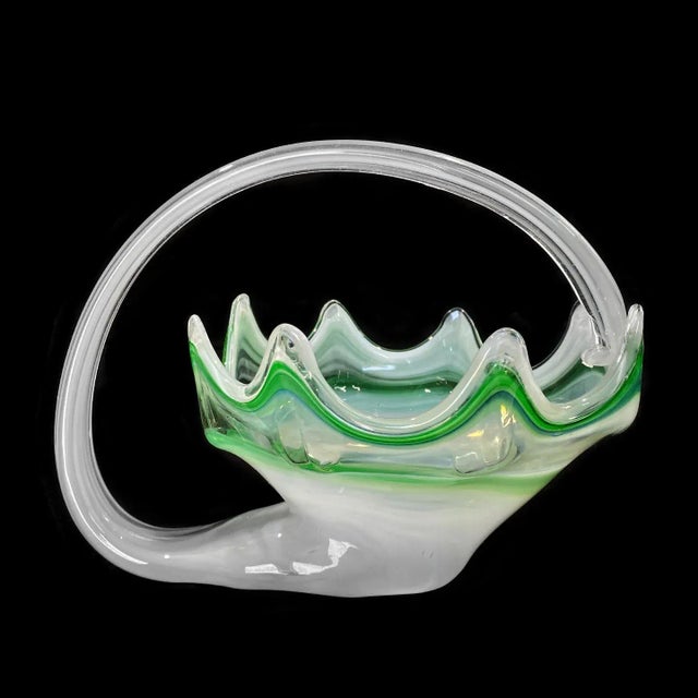 Mid-Century Modern Vintage Murano Green Blown Art Glass Centerpiece Cornucopia Bowl W/ Handle For Sale - Image 3 of 10