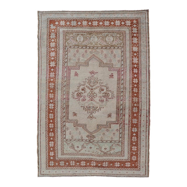 Vintage Turkish Oushak Rug With Medallion Design in Taupe, Light Green, & Brown For Sale