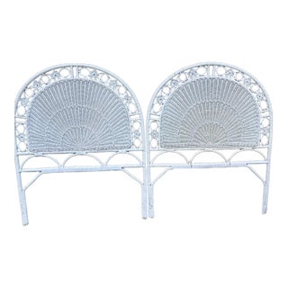 Pair of Vintage White Wicker Fan-Back Headboards | Ornate Cottage Style For Sale