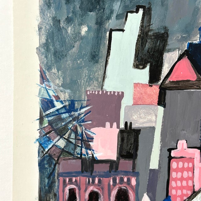 Vintage Outsider Expressionist Cityscape With Wizard (Mixed Media on Museum Board) For Sale - Image 4 of 5