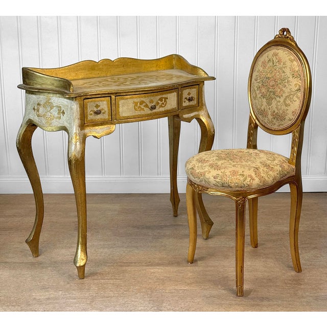 Rococo Vintage Italian Rococo Gold Giltwood Writing Desk Vanity W/ Chair For Sale - Image 3 of 14