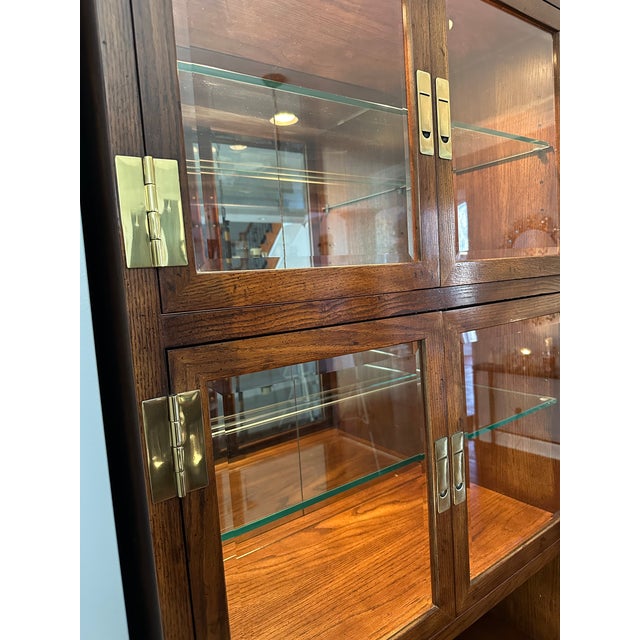 Wood Vintage Henredon Campaign 3-Piece Wall Unit, Lighted Display Cabinet With Pull-Out Bar For Sale - Image 7 of 9