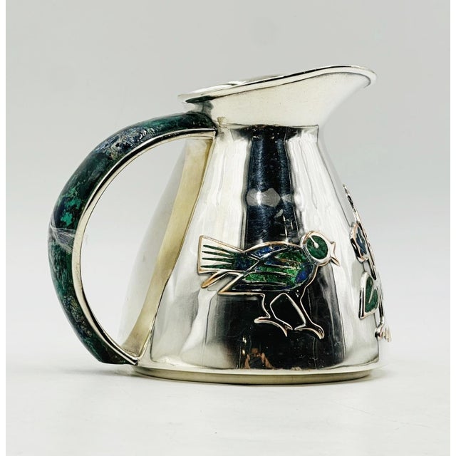 1960s 1960s Los Castillo Taxco Malachite & Silver Plate Bird Pitcher For Sale - Image 5 of 15