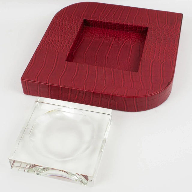 Red Dupre Lafon Style Red Leather and Crystal Cigar Ashtray Catchall Desk Tidy For Sale - Image 8 of 13