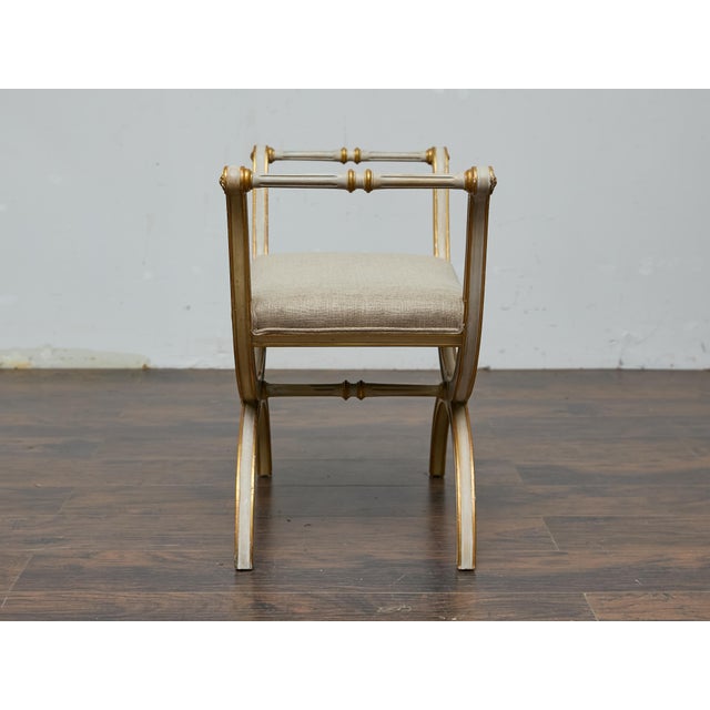 White French Neoclassical Style Curule Stool, Gilded Wood and Upholstered Seat For Sale - Image 8 of 12