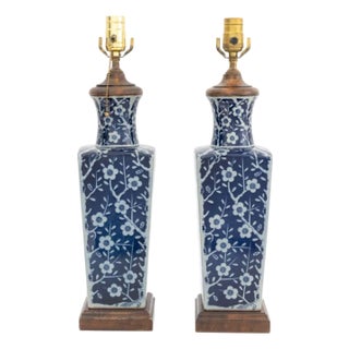 Chinese Blue & White Vases Mounted as Lamps, Pair For Sale