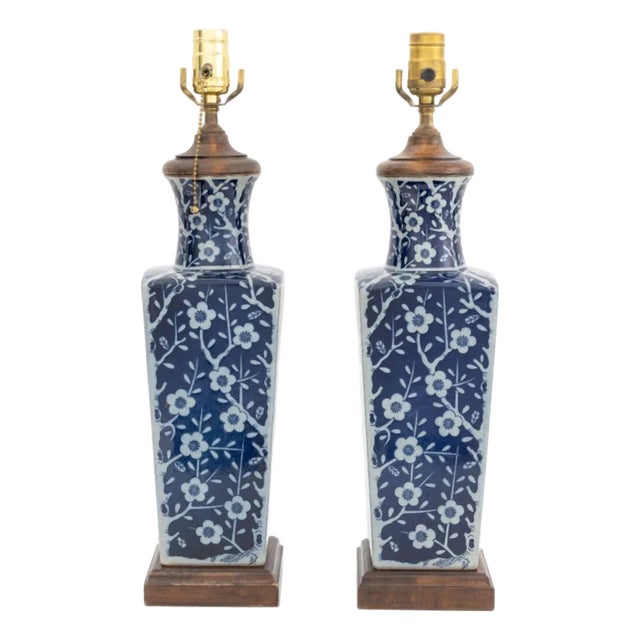 Chinese Blue & White Vases Mounted as Lamps, Pair For Sale