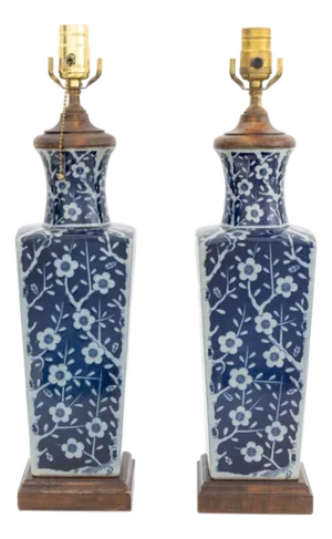 Chinese Blue & White Vases Mounted as Lamps, Pair