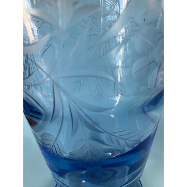 A rich Royal Blue and Clear Cut Glass 1930's Pedestal Vase. Magnificent deep blue color glass at the pedestal base,...