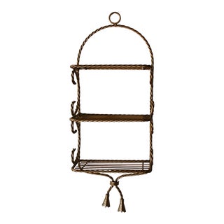 Vintage Mid Century Hollywood Regency Small Brass Gold Roping Wire 3 Tier Wall Shelf For Sale