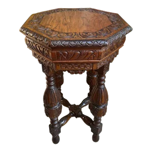 Petite Antique French Octagon Side Table Renaissance Carved Oak C1900