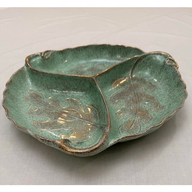 Mid-Century Modern Mid-Century Modern American Mint Green & Gold Divided Ceramic Tray For Sale - Image 3 of 10