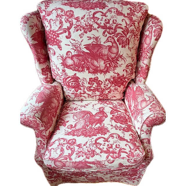 Custom Wingback Chair in Red Raspberry and Cream in Heritage Toile by Brunschwig & Fils For Sale In New York - Image 6 of 17