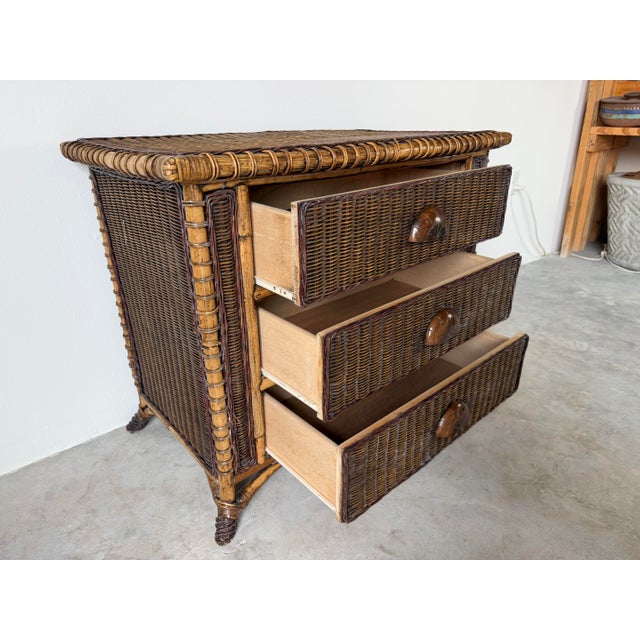 Vintage Coastal Organic Bamboo & Woven Wicker Three-Drawer Nightstand For Sale - Image 9 of 12