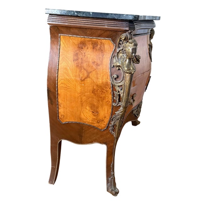 French 1960s French Louis XV Style Marble Top Bombe Commode With Figural Ormolu Mounts For Sale - Image 3 of 12