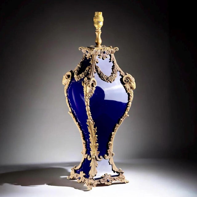French Cobalt Glass and Ormolu Table Lamp with Ram Heads in the style of Sèvres, 1920s For Sale - Image 14 of 14
