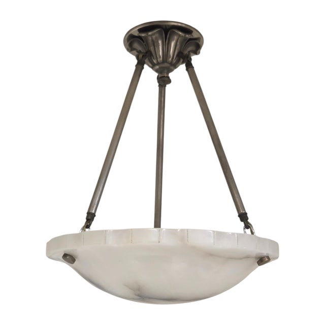 An original French Art Deco alabaster bowl shape pendant with contrasting charcoal grey veining and natural striations...