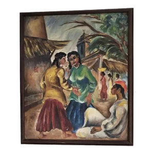 Vintage Oil Painting Three Peasant Women in Native Dress Having a Conversation