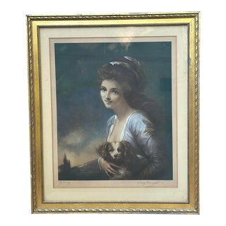 Antique Lithograph George Romney Lady Hamilton With Dog in Original Gilt Frame For Sale