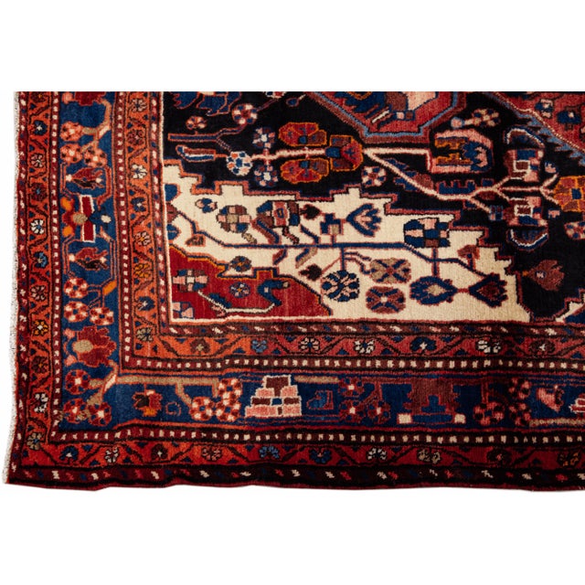 Vintage Handmade Persian Navy Blue Medallion Wool Rug 6'3" X 9'4" For Sale - Image 4 of 11