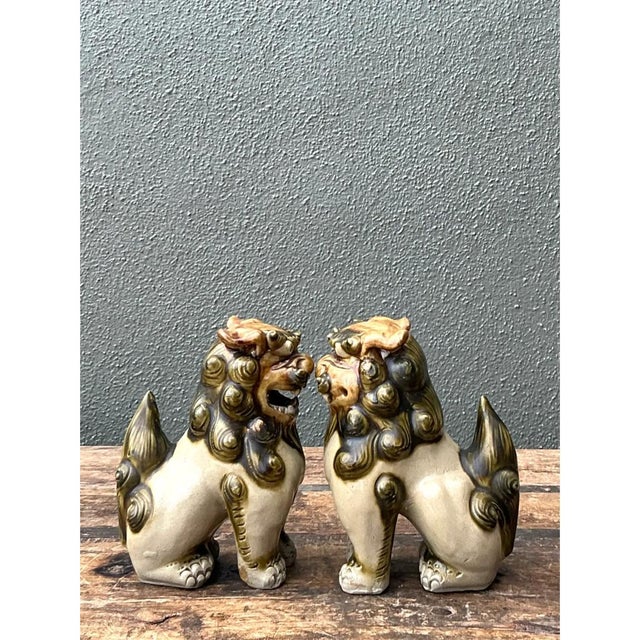 Mid 20th Century Vintage Ceramic Foo Dog Statues - Pair For Sale - Image 5 of 12