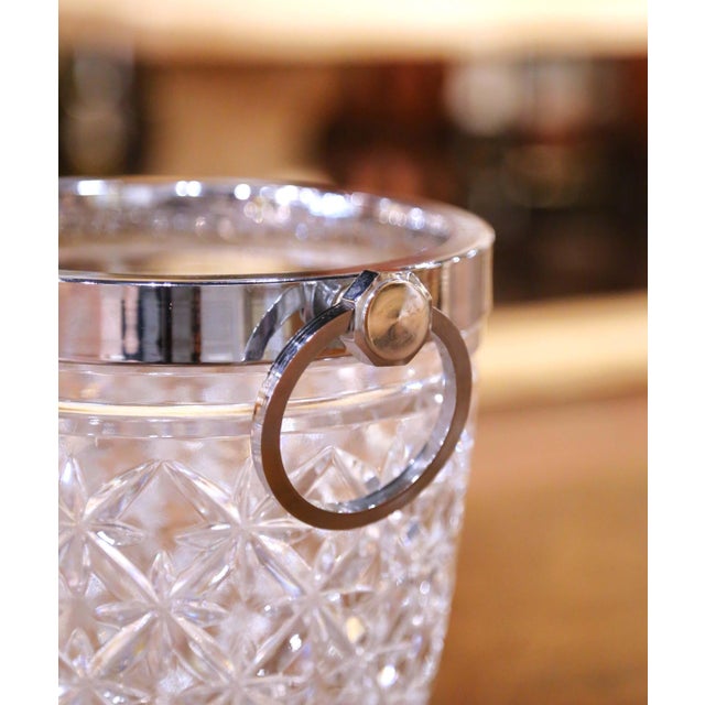 Metal Mid-Century French Cut Crystal Ice Bucket With Silver Ring Handles For Sale - Image 7 of 11