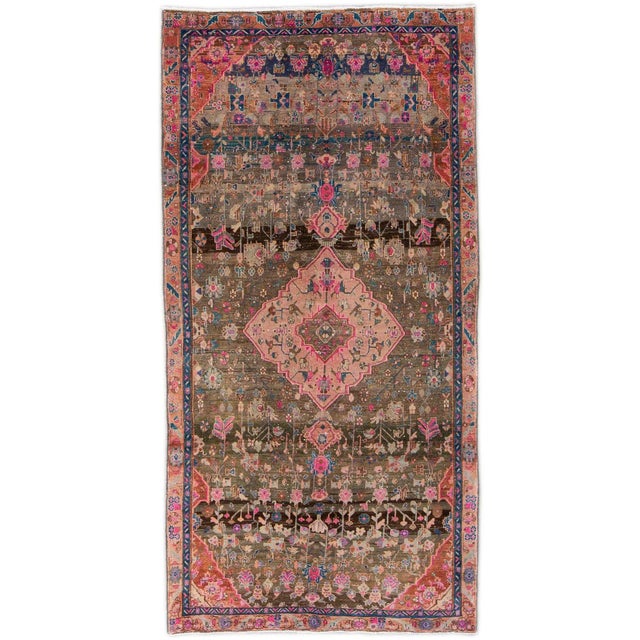 Brown Vintage Distressed Handmade Medallion Brown & Pink Wool Rug For Sale - Image 8 of 8