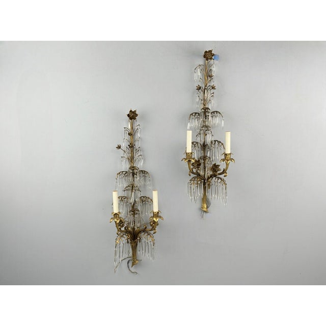 French French Louis Xv, Bronze, Cut Crystal, Large Wall Sconces, France, 1930s For Sale - Image 3 of 12