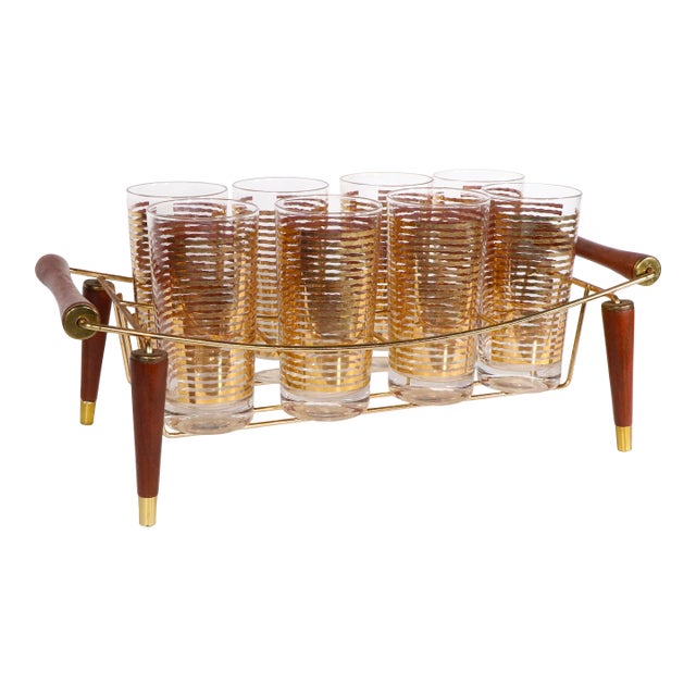 Mid 20th Century Hollywood Regency Gold Band Drink Set by Colony Glass - 9pcs For Sale