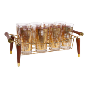 Mid 20th Century Hollywood Regency Gold Band Drink Set by Colony Glass - 9pcs