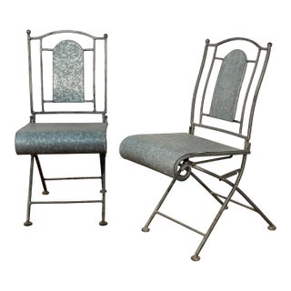 Wrought Iron and Galvanized Aluminum Folding Chairs For Sale