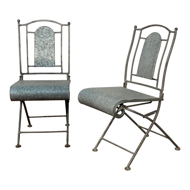 Wrought Iron and Galvanized Aluminum Folding Chairs For Sale