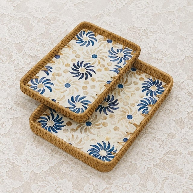 Arts & Crafts Set of Two Blue Flower Rattan Mother-of-Pearl Inlaid Rectangular Trays For Sale - Image 3 of 4