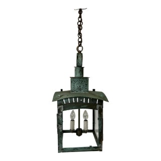 Vintage Rustic Verdigris Copper Hanging Lantern For Sale