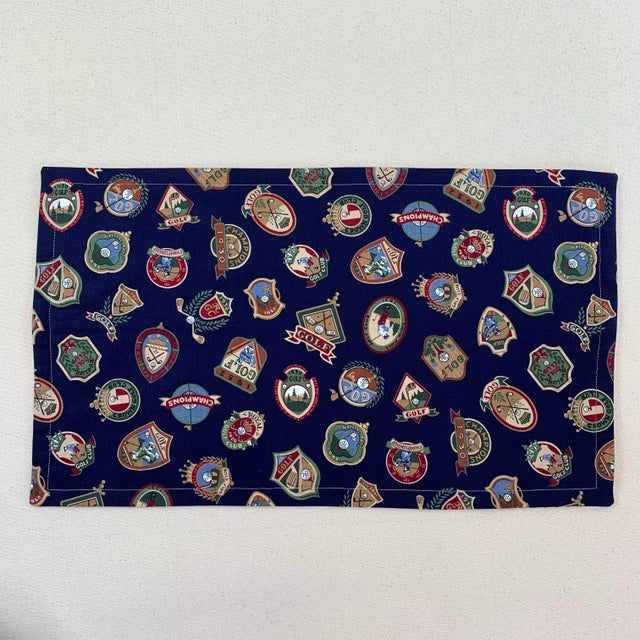 Designer Vicki Payne Free Spirit Printworks Blue Burgundy Green Tan Country Club Golf Crest Emblem Medallion Pillow Covers- Pair For Sale - Image 4 of 7