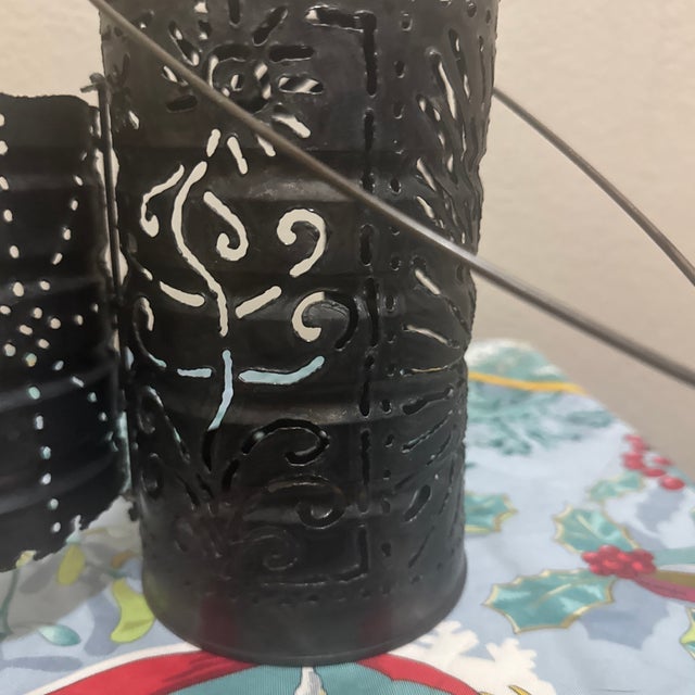 Charcoal Mid-Century Brutalist Punched Metal Sunburst Lantern For Sale - Image 8 of 8