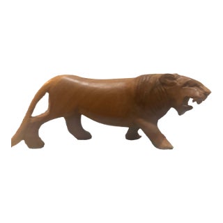 Mid-Century Modern Hand-Carved Teak Wood Roaring Lion Sculpture For Sale
