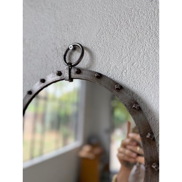 Round Brutalist Wrought Iron Mirror with Nails, 1960s For Sale - Image 9 of 18