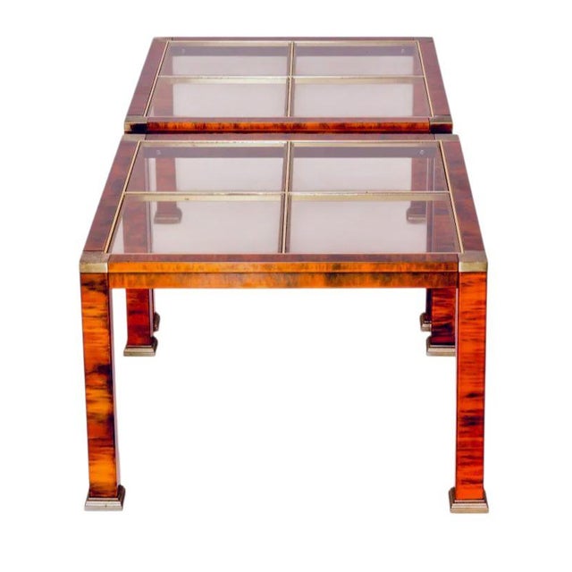 Rare 1970s Hollywood Regency Flamed Burl Wood, Copper, Brass, and Glass 4-Piece Table Set For Sale In Raleigh - Image 6 of 12