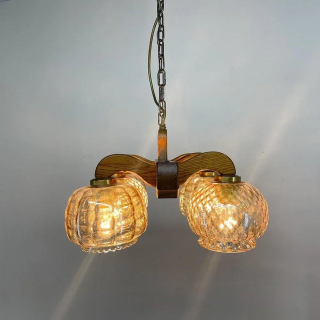Wood & Glass Ceiling Lamp, Czechoslovakia, 1970s For Sale - Image 6 of 10