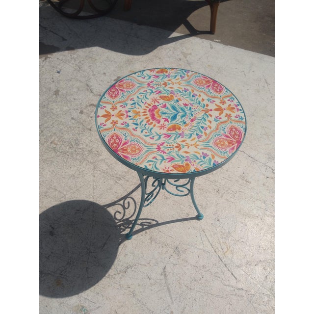 Folk Art Late 20th Century Metal With Round Tile Top Side Table For Sale - Image 3 of 5