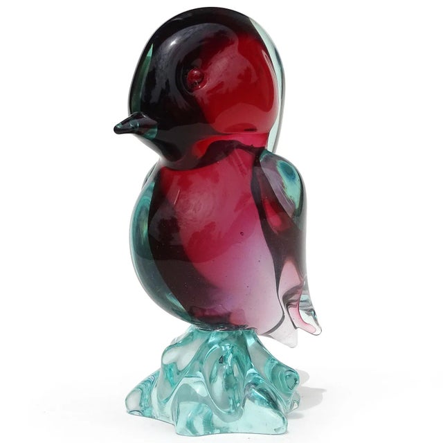 Beautiful vintage Murano hand blown Sommerso light sky blue over deep red Italian art glass bird figure on rock base....