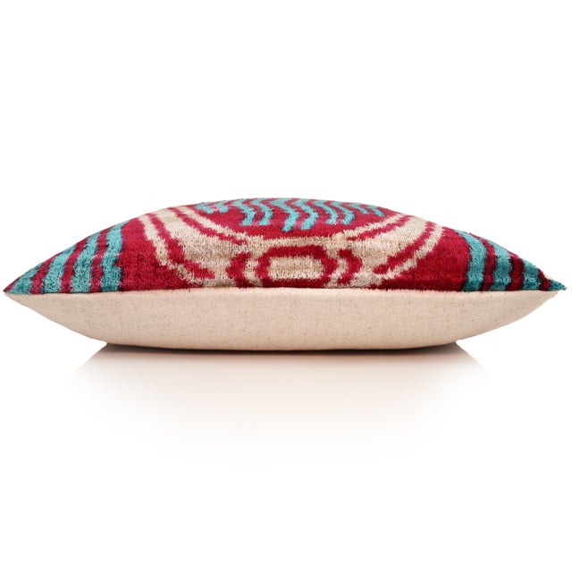 2020s Handmade Red & Turquoise Ikat Velvet Lumbar Pillow 16x24 | Bold Artisan Statement For Sale - Image 5 of 8
