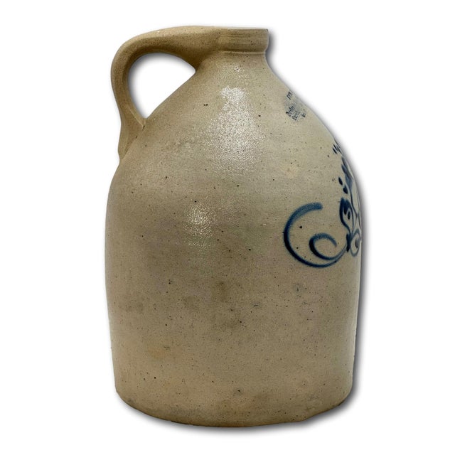 Unusual Antique American Blue Flower Decorated 2 Gallon Jug With Otsego New York Stoneware Merchants Name & Info Circa 1870s For Sale - Image 10 of 18
