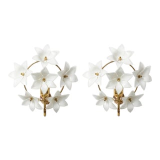Vintage Murano Style White Floral Wall Sconces - A Pair For Sale