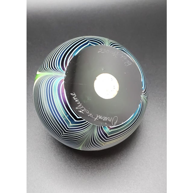 Orient & Flume Signed Flower Shield Art Glass Paperweight 1979 Iridescent Blue For Sale - Image 17 of 18