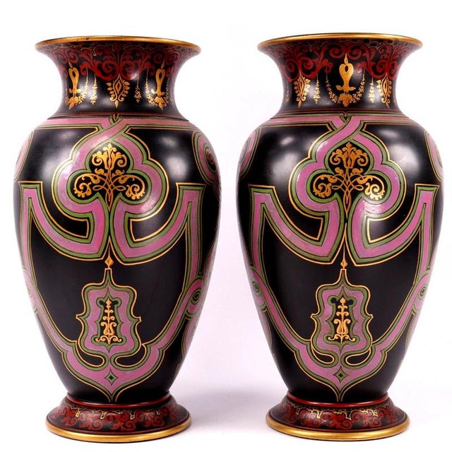Enamelled Black Basalt Baluster Vases in the style of Christopher Dresser, Set of 2 For Sale - Image 5 of 17