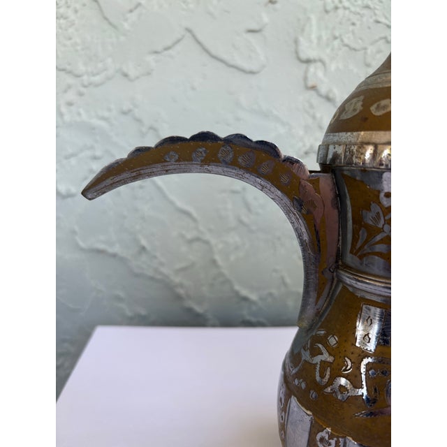 Metal Vintage Middle Eastern Brass & Silver Overlay Dallah Coffee Pot With Engraved Arabic Script – 10.5” For Sale - Image 7 of 12